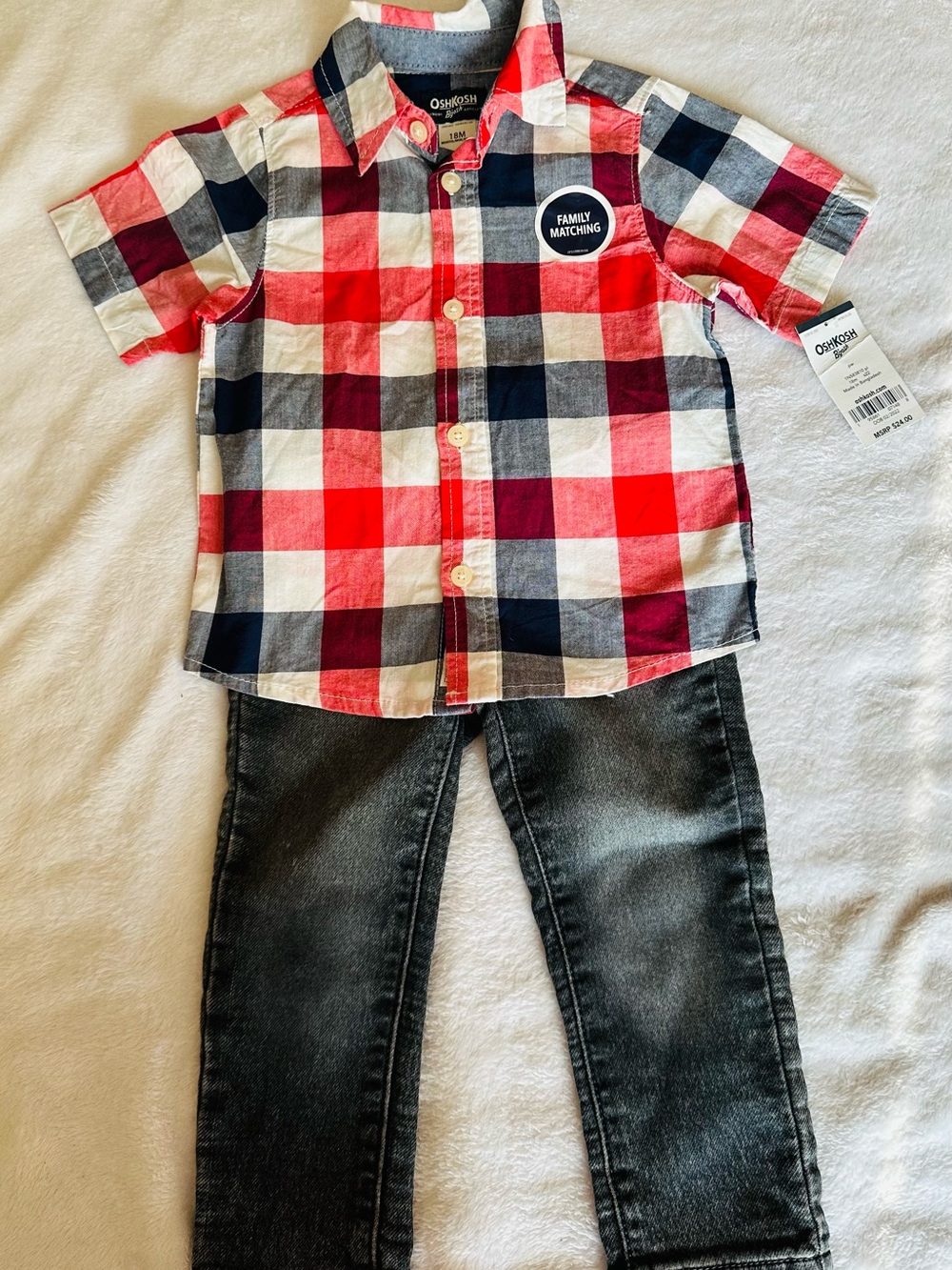 OshKosh Red, Navy & White Plaid Short-Sleeve Button-Down Shirt